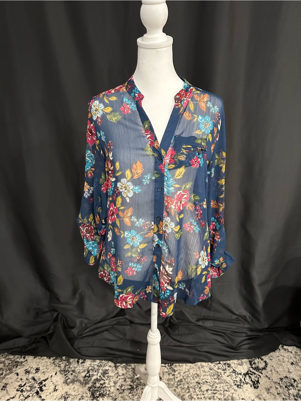 Kut from the Kloth Navy Floral Sheer Button-Up Blouse